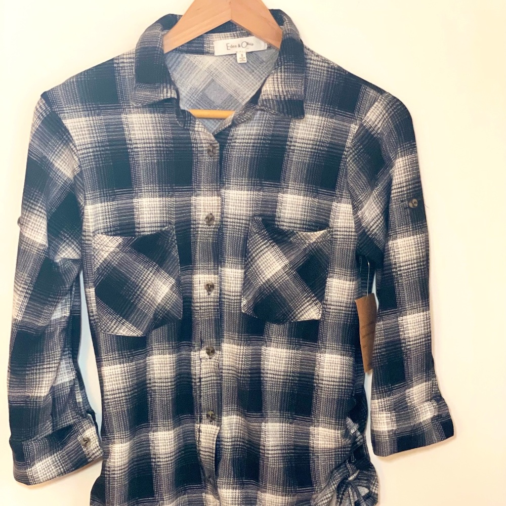 NWT Eden & Olivia Plaid Shirt Women Small Flannel Button Down 3/4 with side ties